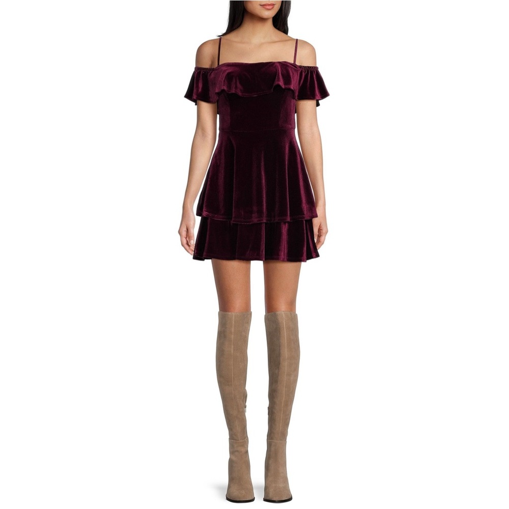 B. Darlin Off-The-Shoulder Velvet Double Hem Dress